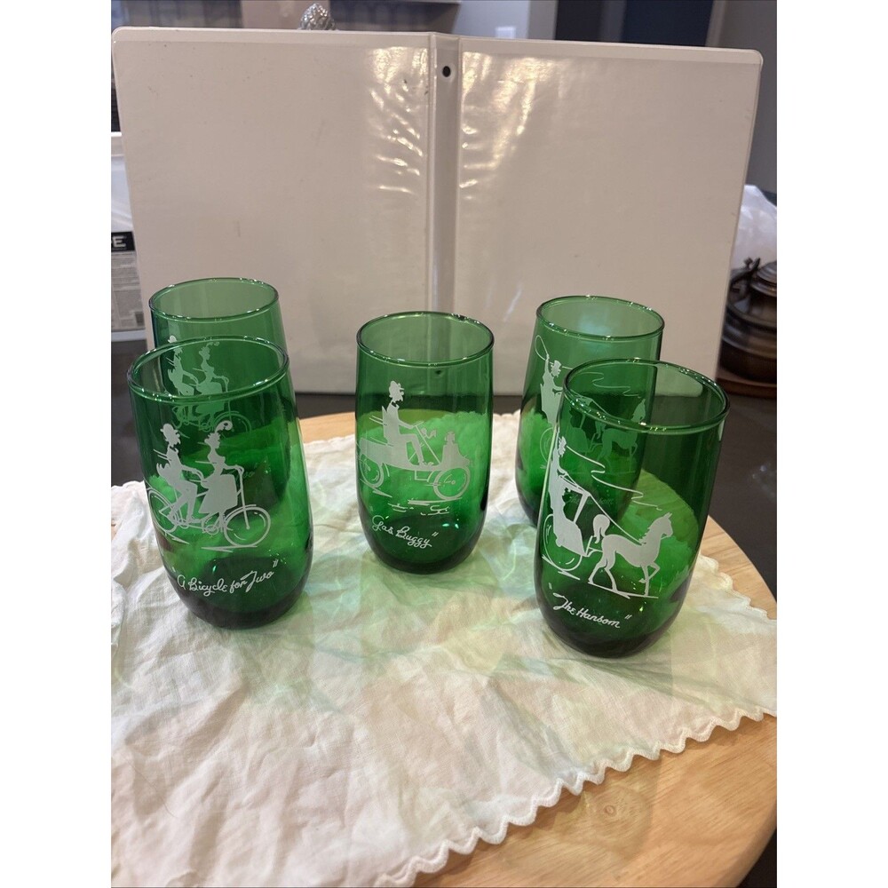 Vintage Anchor Hocking Emerald Green Roly-Poly Glasses Set Of Five Multi Themed